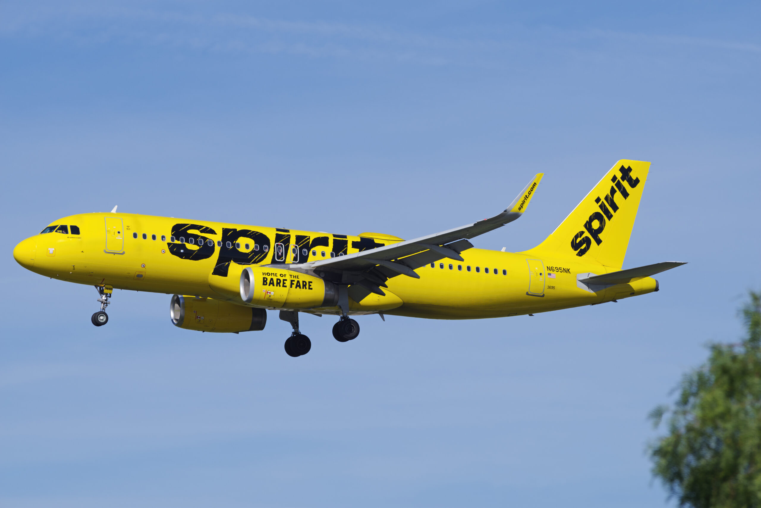 Los Angeles, California, United States - January 28, 2024: Spirit Airlines, Arbus A320 airliner, registration N695NK shown approaching LAX, Los Angeles International Airport for landing.