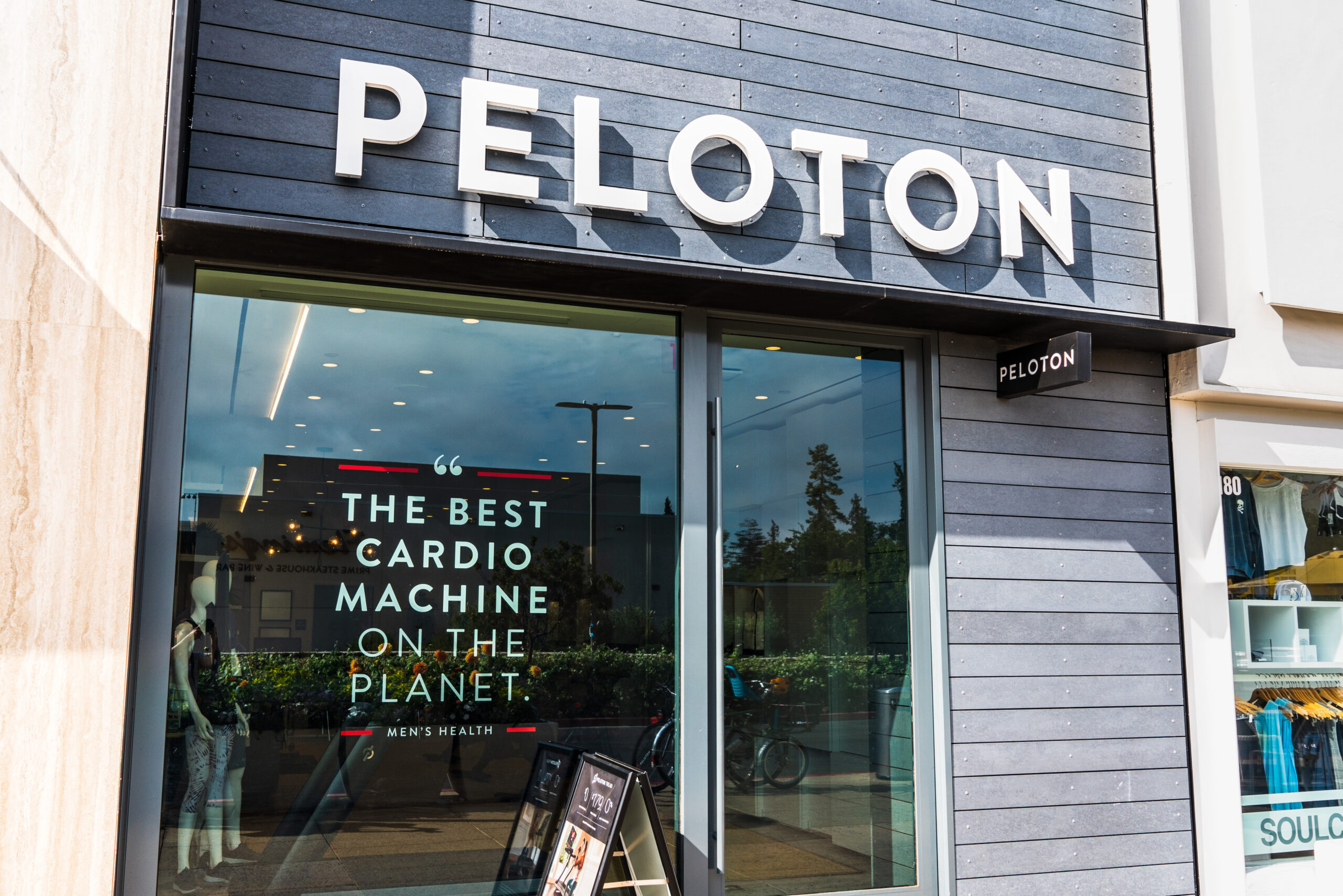 August 28, 2019 Palo Alto / CA / USA - Peloton store in Stanford Shopping Center; Peloton is an American exercise equipment and media company whose main product is a luxury stationary bicycle