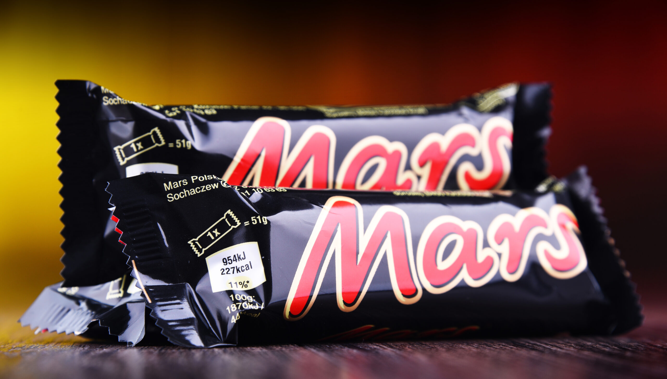 POZNAN, POL - OCT 23, 2019: Chocolate bars of Mars, a brand name of confectionery products made by the American company Mars Incorporated