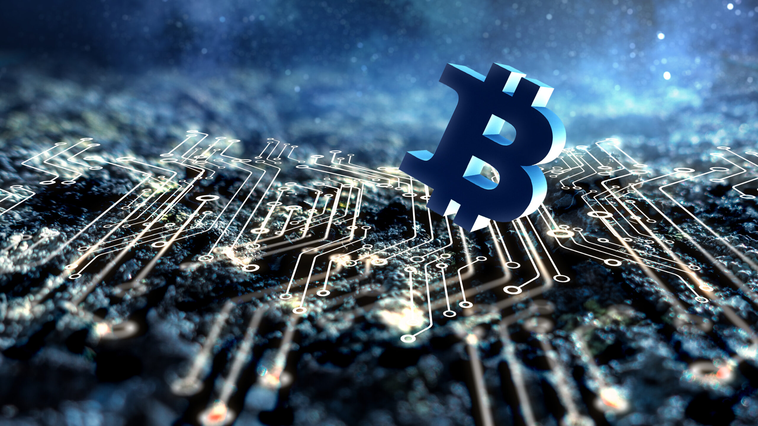 Bitcoin symbol and microcircuit, dark blue blurred background