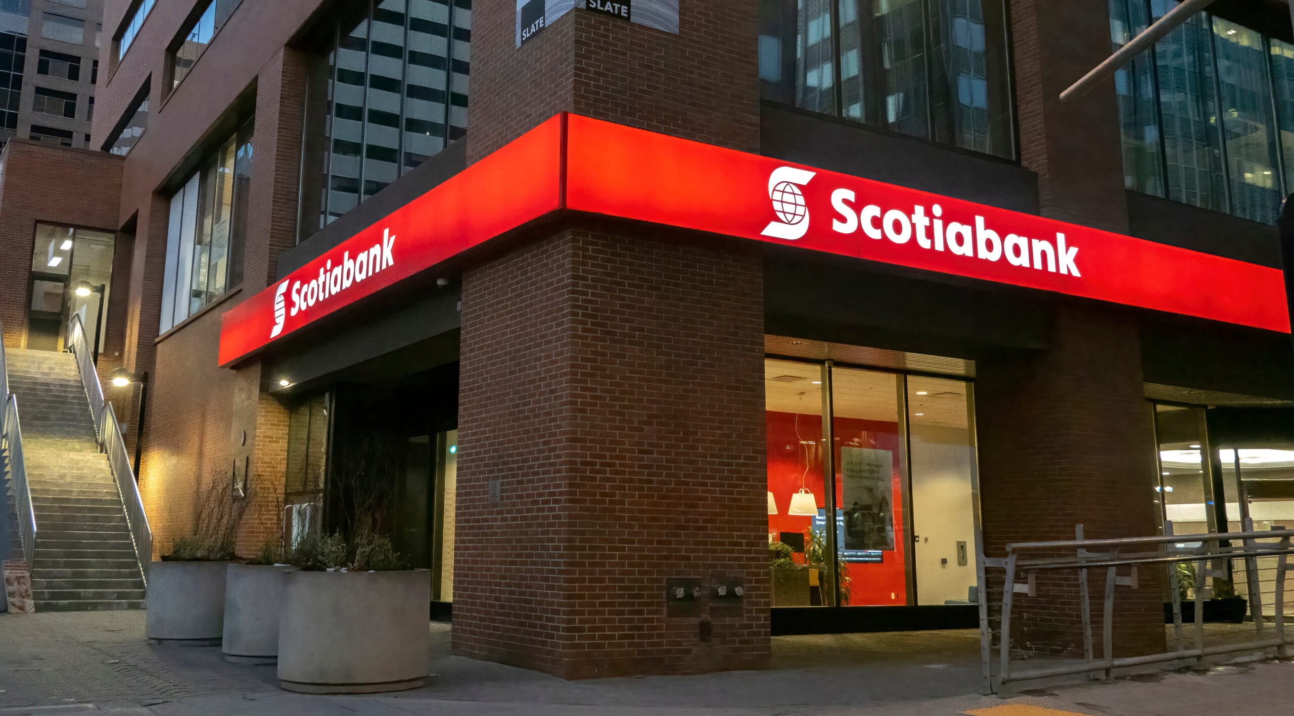 Nov 25, 2022. Calgary, Alberta, Canada. A Scotiabank branch in Downton Calgary