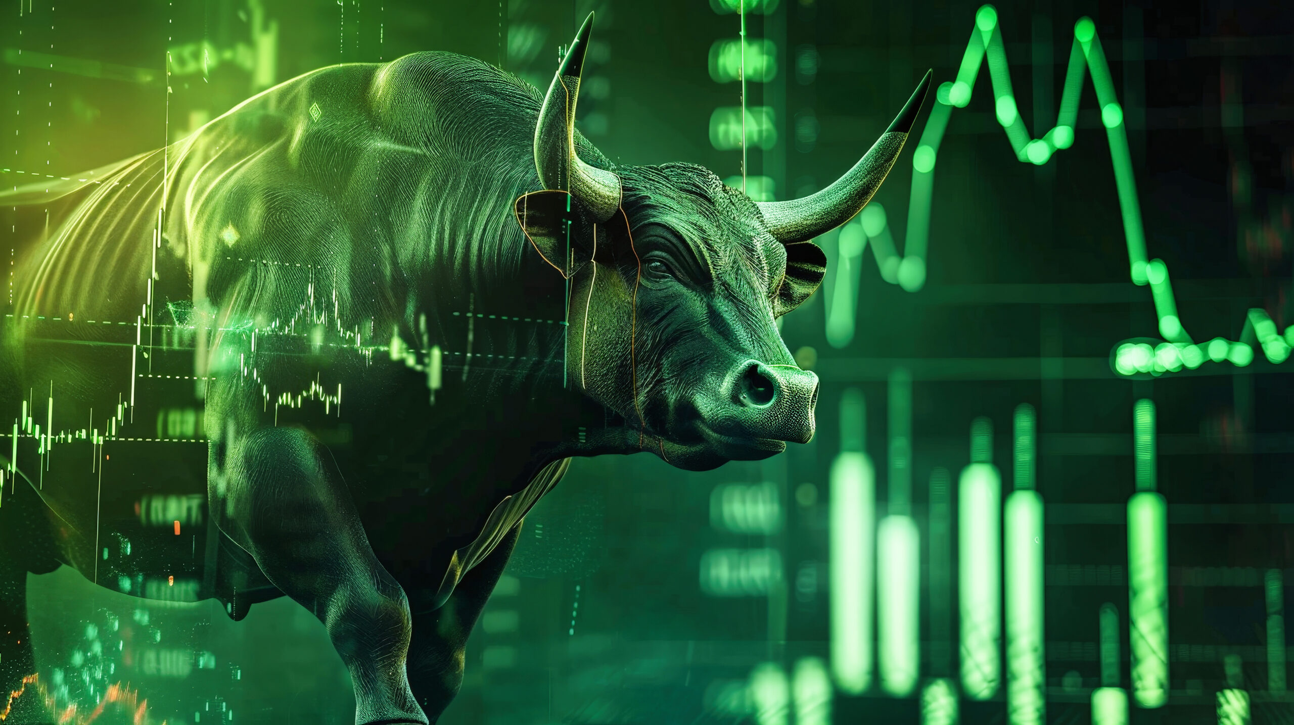 A bull stands confidently in front of a detailed stock chart, symbolizing bullish market sentiment and positive growth in the stock exchange.