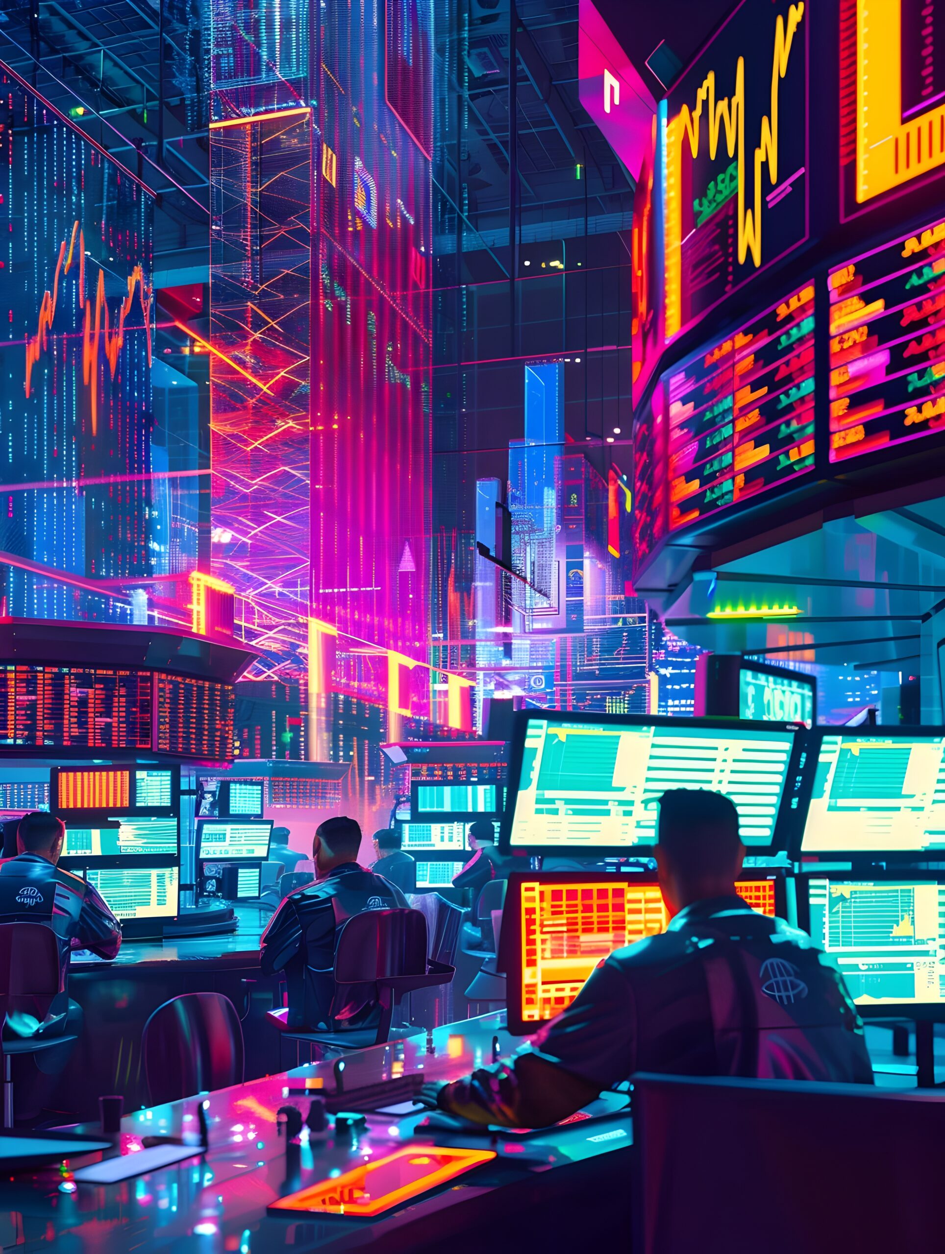 This showcases a bustling trading floor, filled with dynamic brokers in motion as they execute transactions. The vibrant neon lighting creates a sense of urgency and excitement, while the