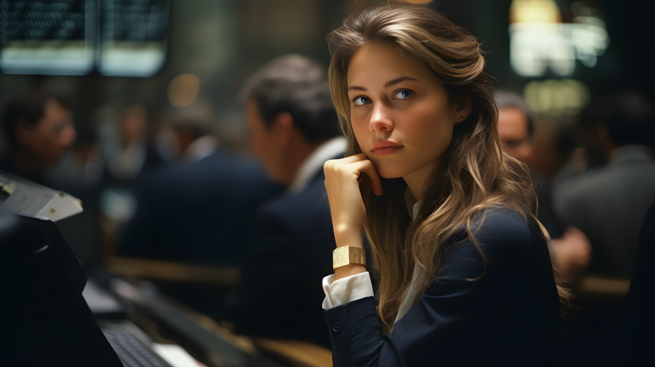 Tension and concentration fill the air as a young woman financial analyst works diligently at her Wall Street office.