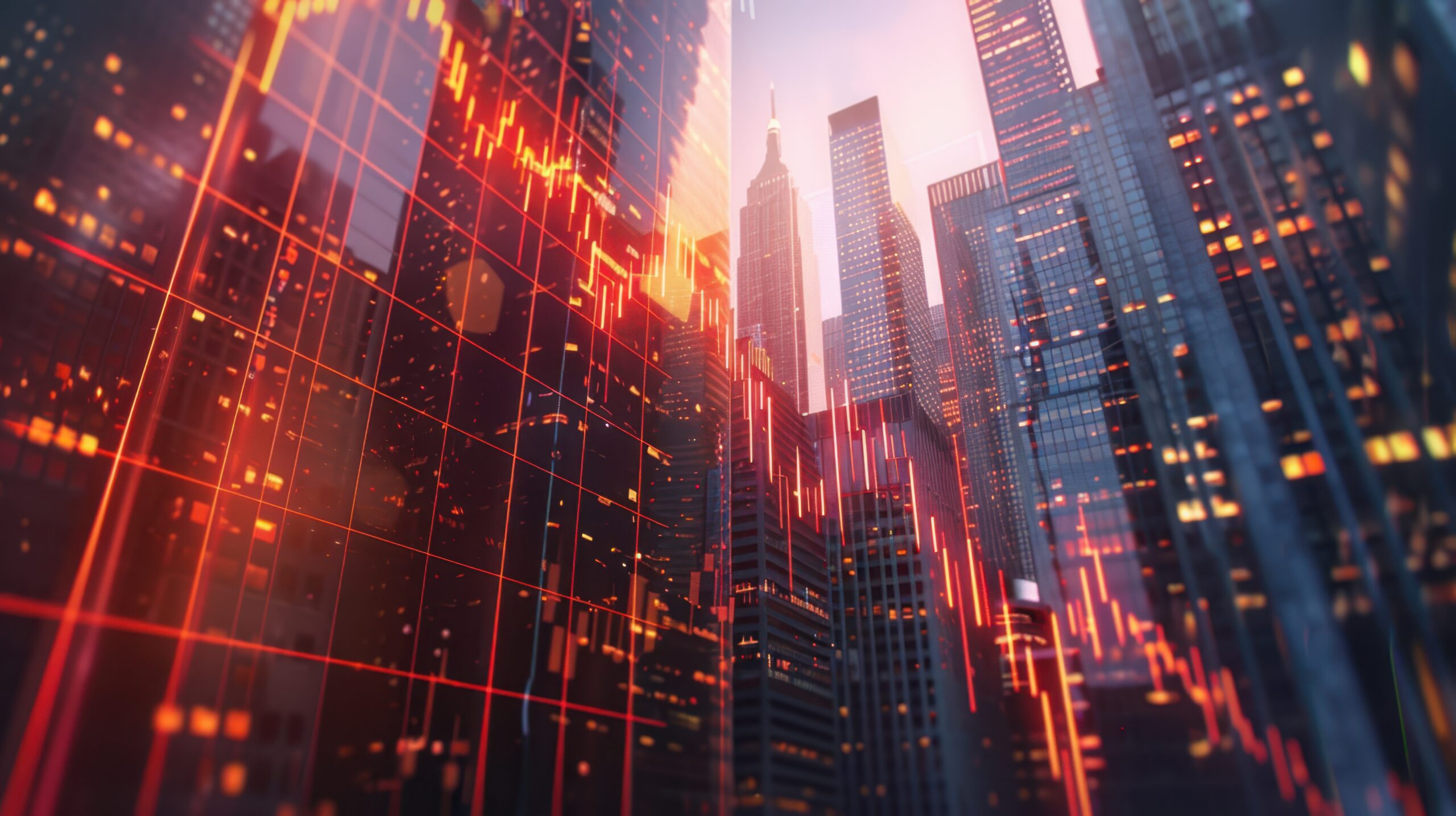 Tall skyscrapers with glowing stock market graphs superimposed on them.