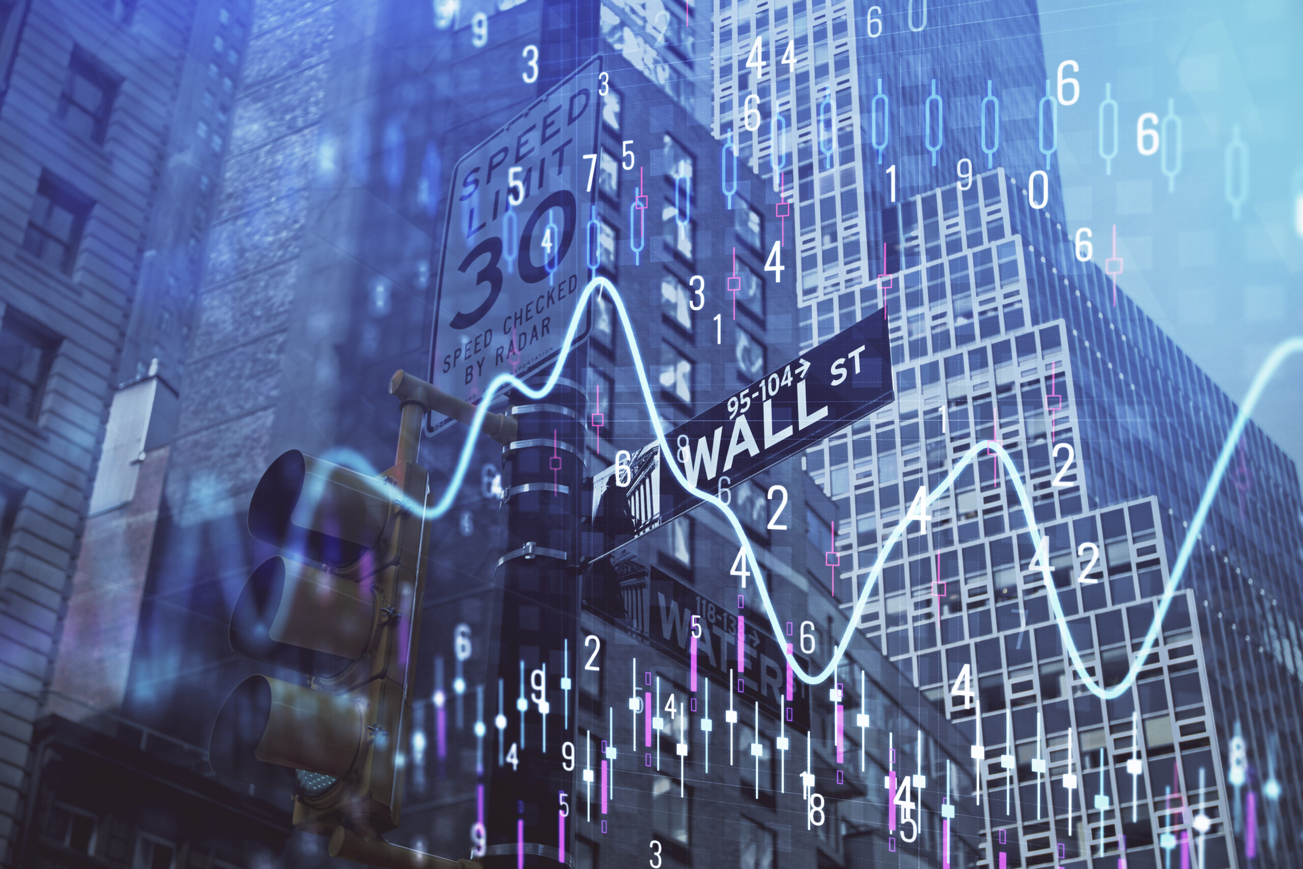 Forex chart on cityscape with tall buildings background multi exposure. Financial research concept.