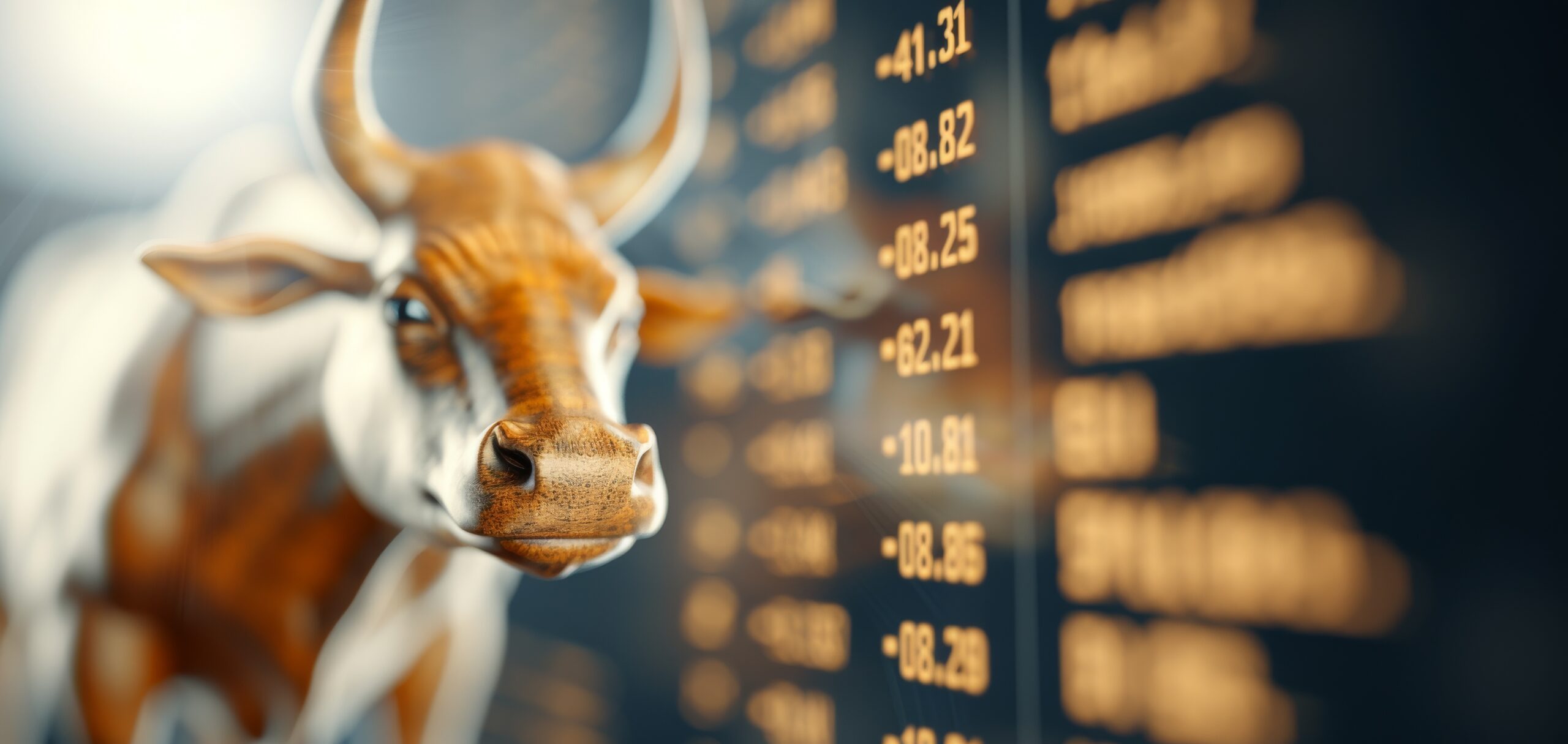 Close-up of a bull with a blurred stock market board in the background, symbolizing bullish trends in the financial market.