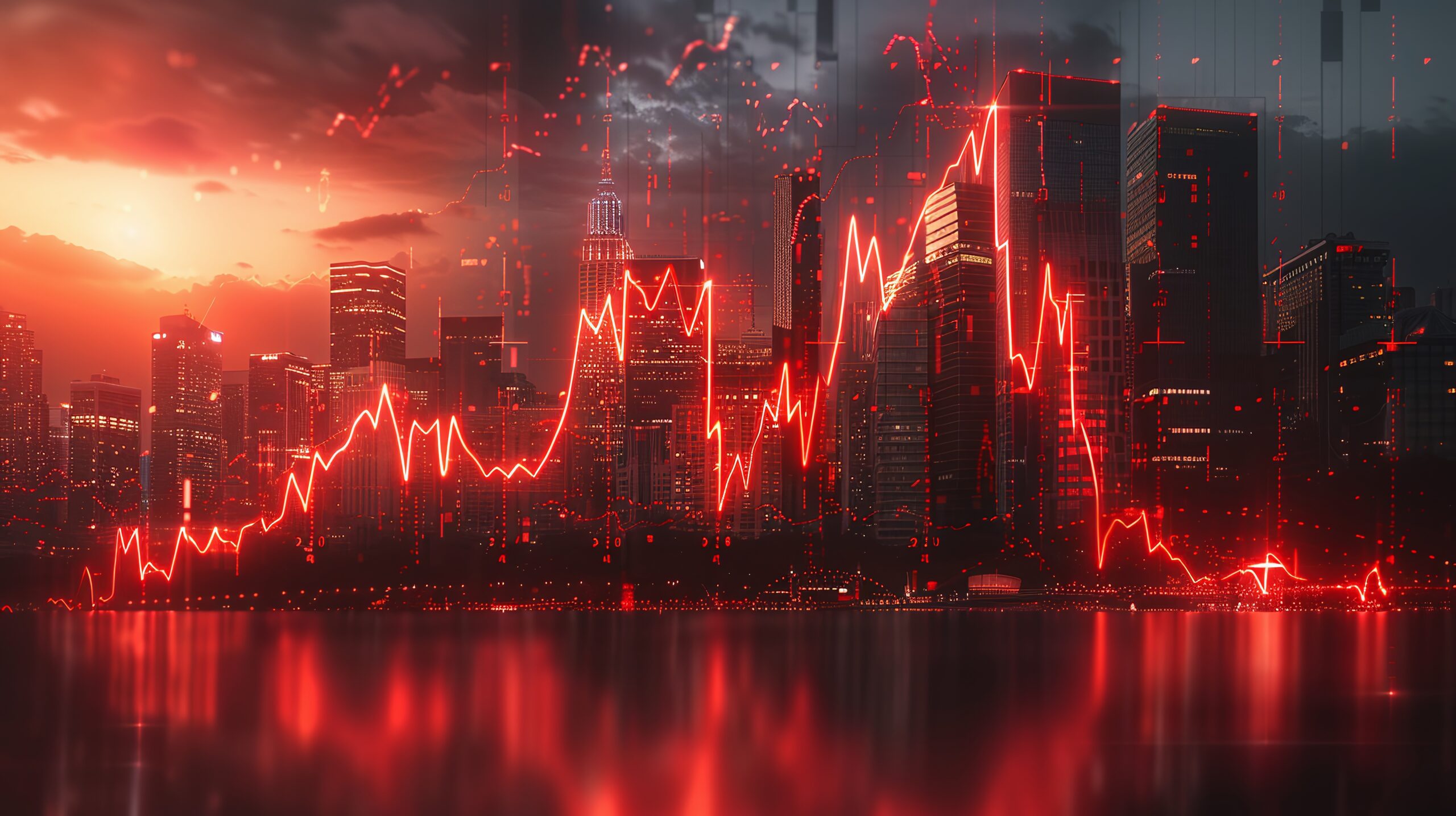 Real estate and property crisis. Dynamic city skyline with fluctuating stock market graph overlay, showcasing economic trends in a vibrant, modern urban environment.