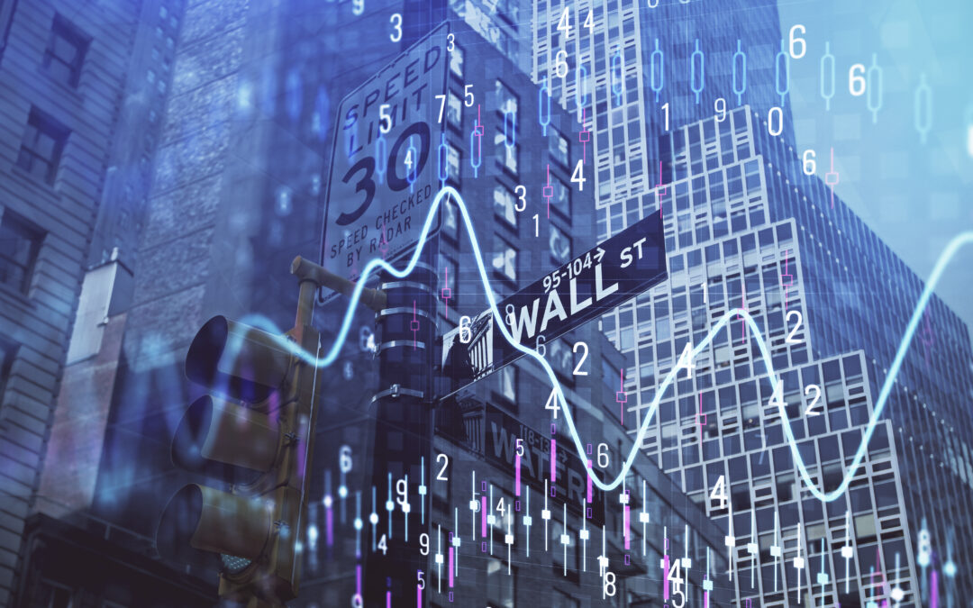 Forex chart on cityscape with tall buildings background multi exposure. Financial research concept.