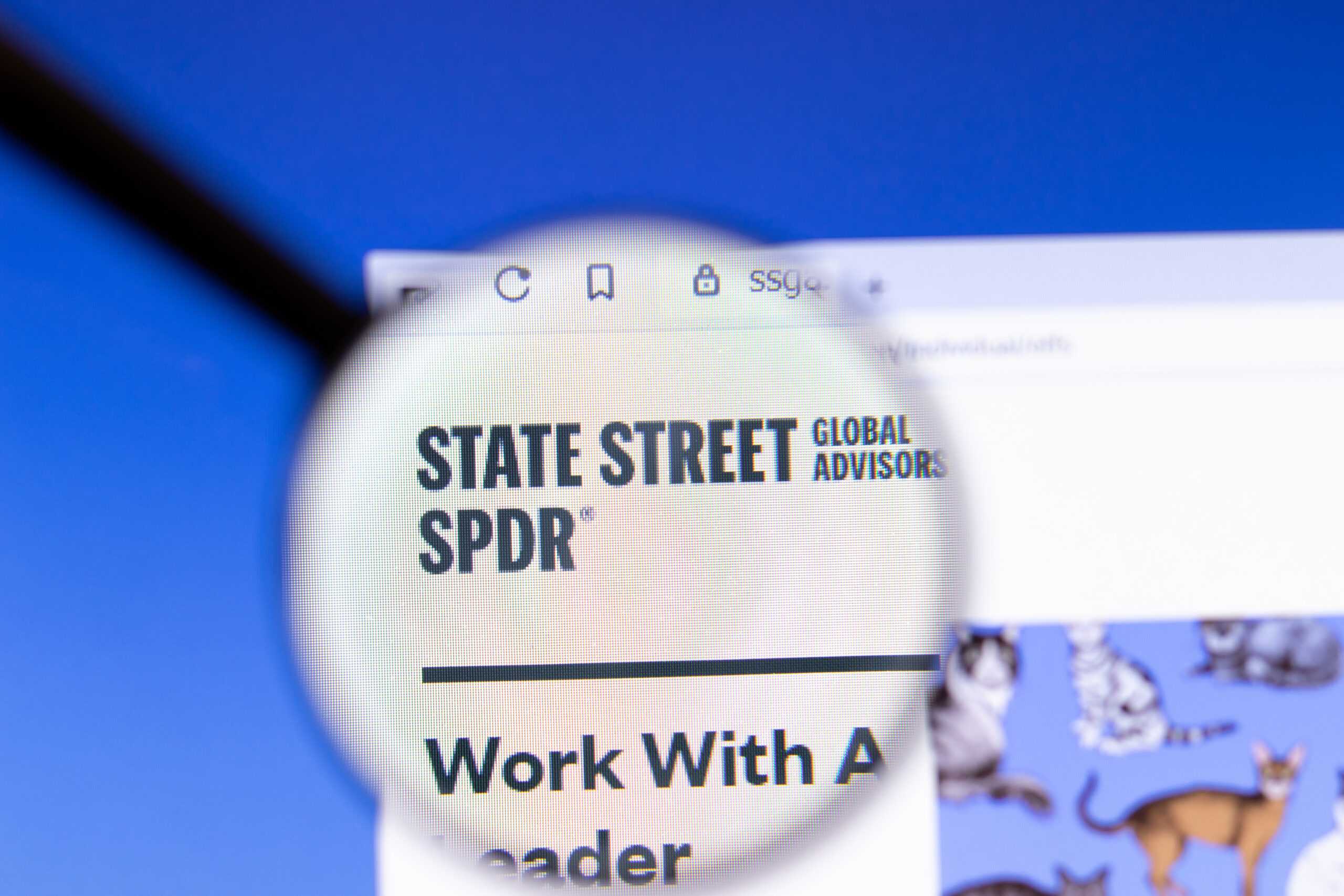 Los Angeles, California, USA - 25 February 2020: State Street Global Advisors website homepage icon. SSGA.com logo visible on display screen, Illustrative Editorial.