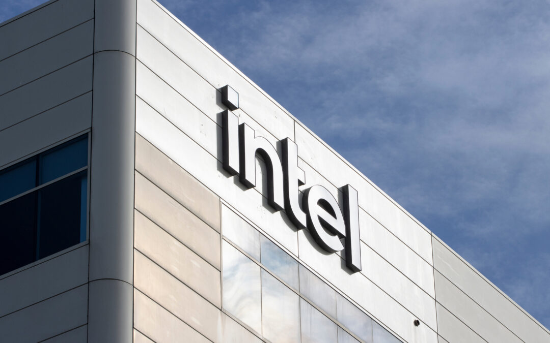 Santa Clara, CA, USA - Nov 22, 2023: Intel logo is seen at Intel Corporation's headquarters in Santa Clara, California. Intel is one of the world's largest semiconductor chip manufacturers by revenue.
