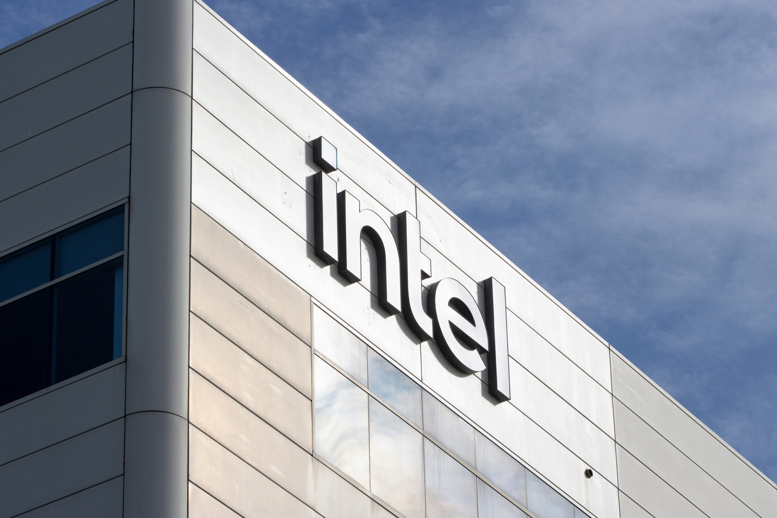Santa Clara, CA, USA - Nov 22, 2023: Intel logo is seen at Intel Corporation's headquarters in Santa Clara, California. Intel is one of the world's largest semiconductor chip manufacturers by revenue.