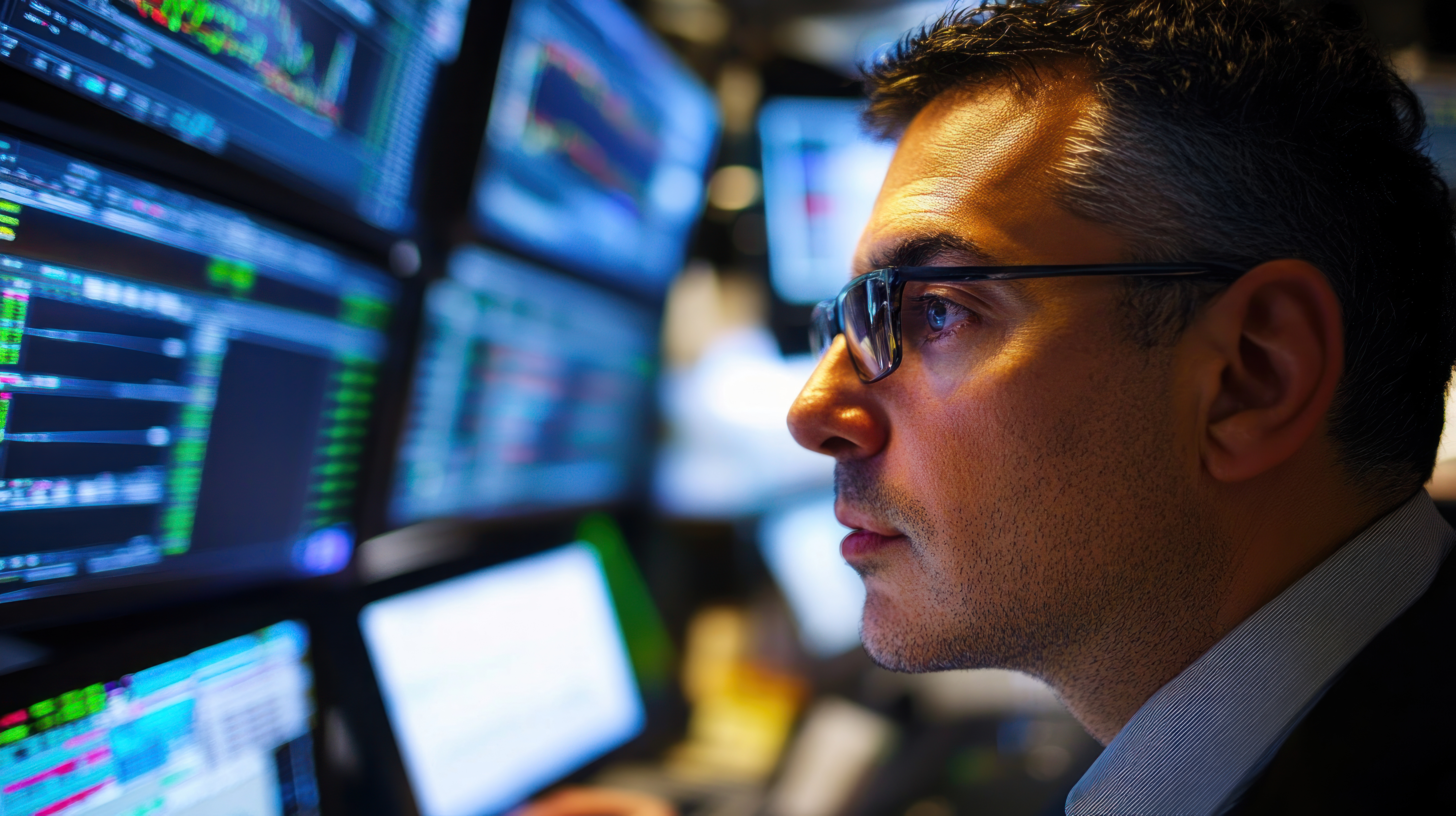 A focused trader intently studies stock market data displayed on multiple monitors.  The image captures the intensity and concentration of high-stakes financial decision-making.