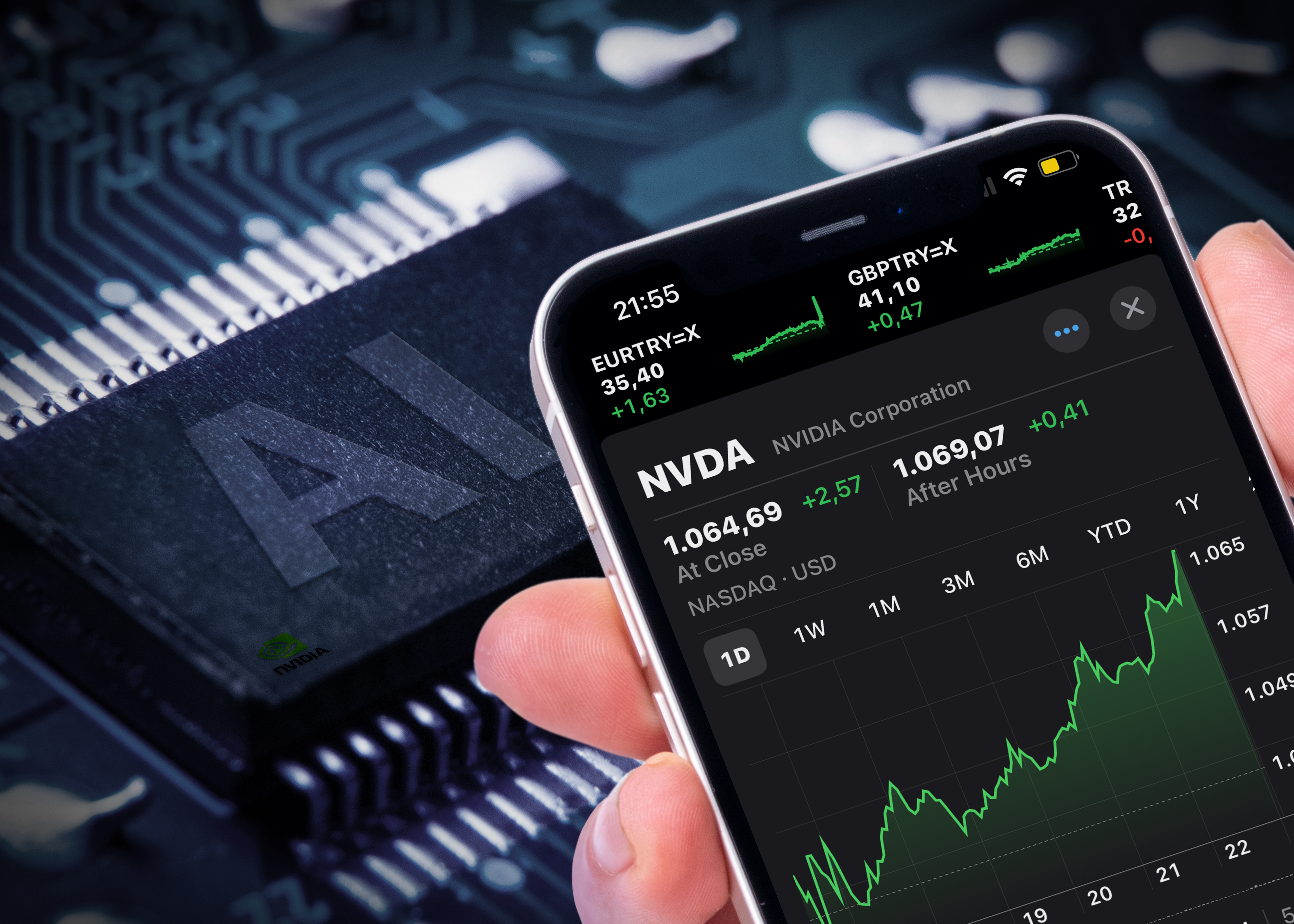 Antalya, Turkey - May 26, 2024: NVIDIA's stock prices on the iPhone screen and the AI with the nvidia logo on the computer processor behind it