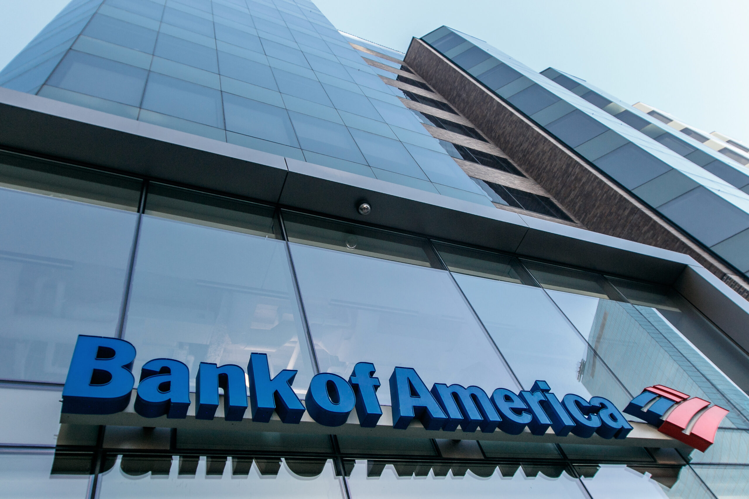 Boston, October 28, 2017: Bank of America sing above the entrance to one of their branches.