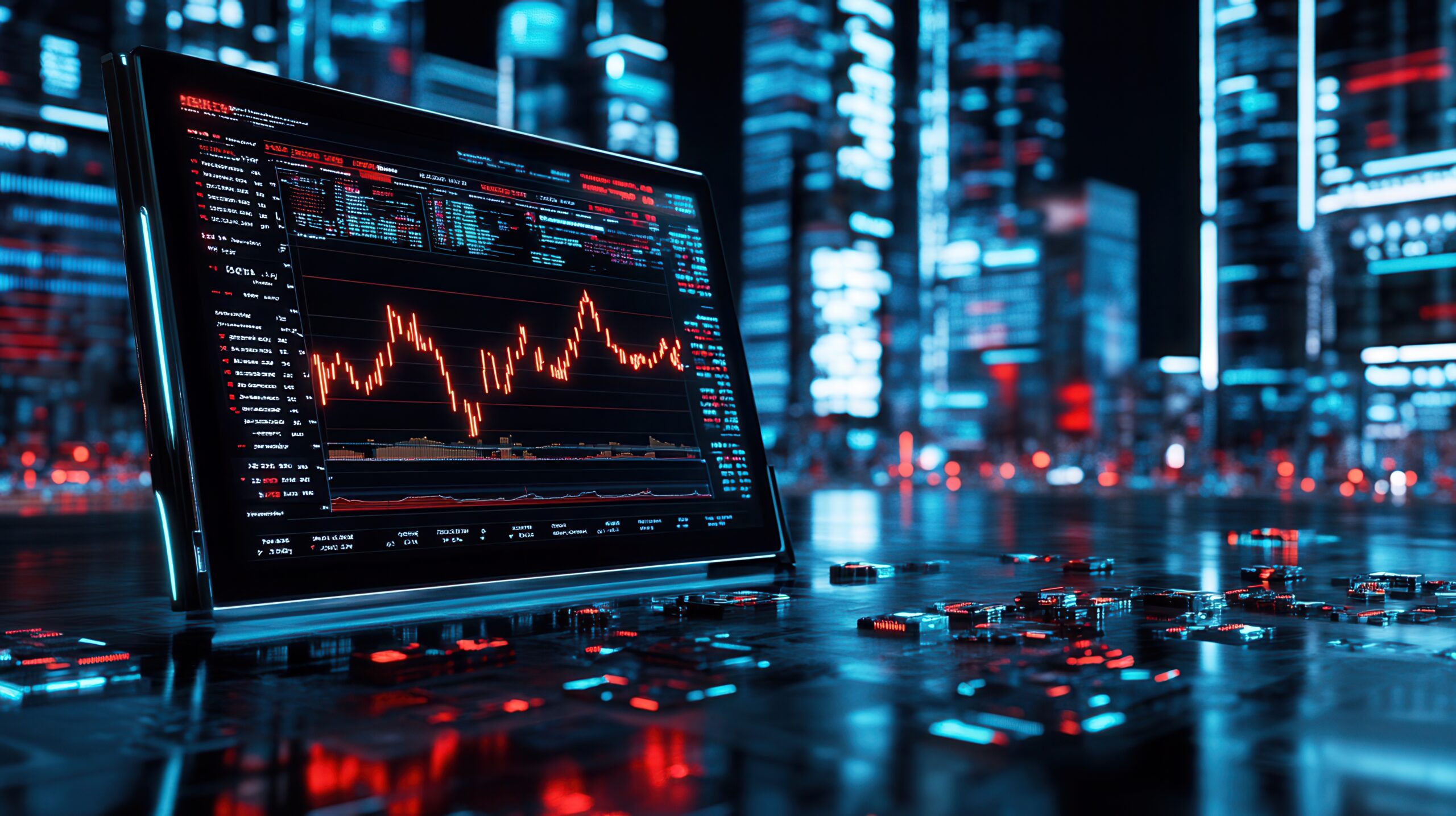 Futuristic trading interface with graphs and data analysis in a neon city setting.