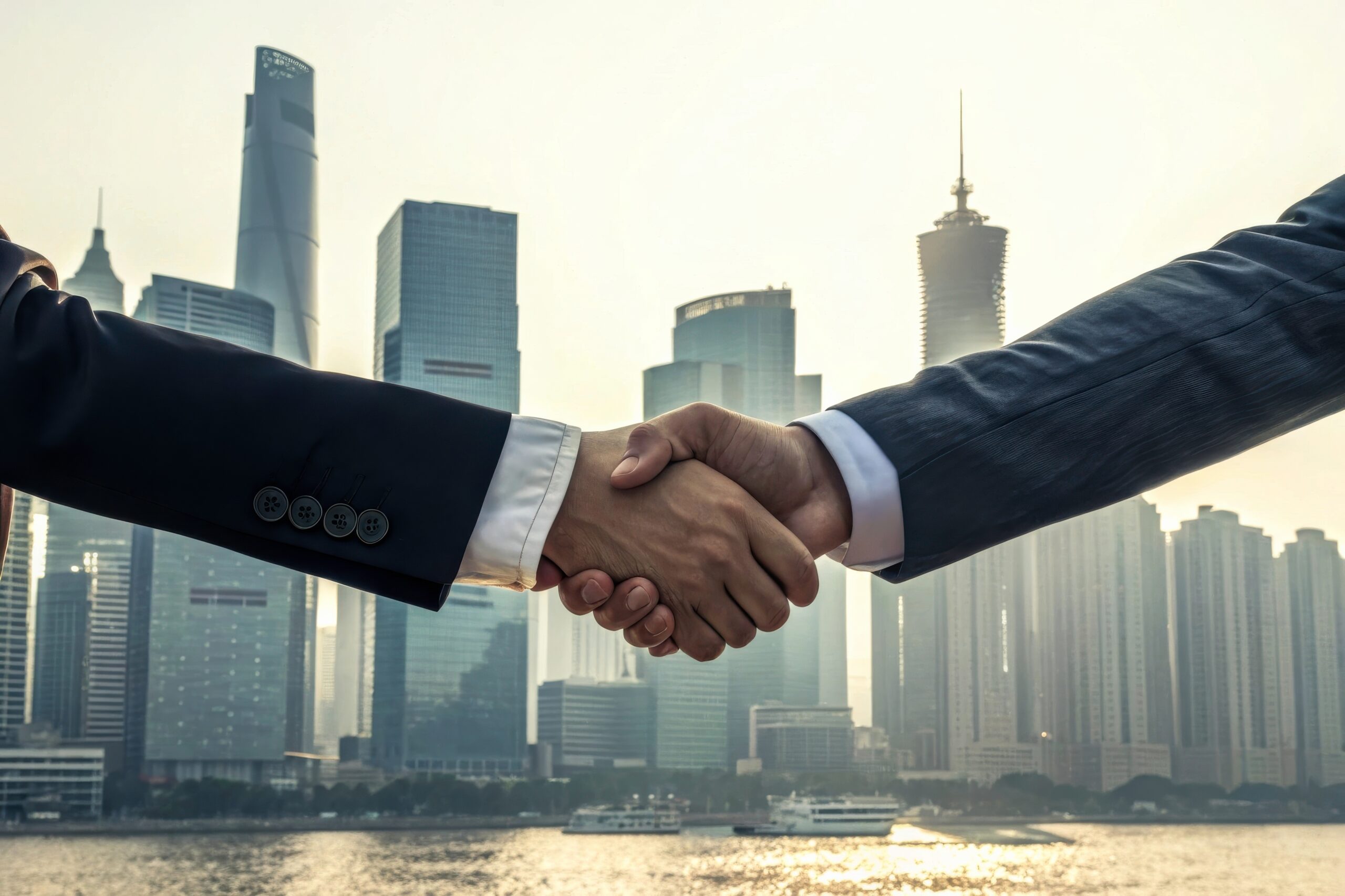 A close-up of a handshake symbolizing partnership against a modern cityscape. This image captures themes of business relationships and collaboration in an urban environment.