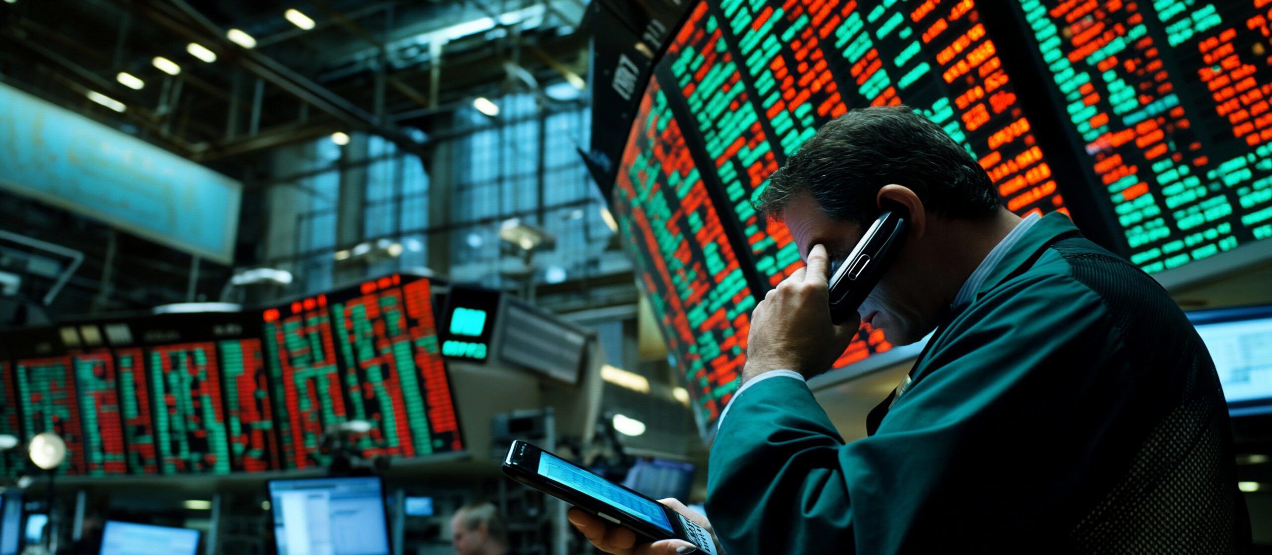 A stock trader works amidst flashing screens displaying market data, actively engaged in communication.