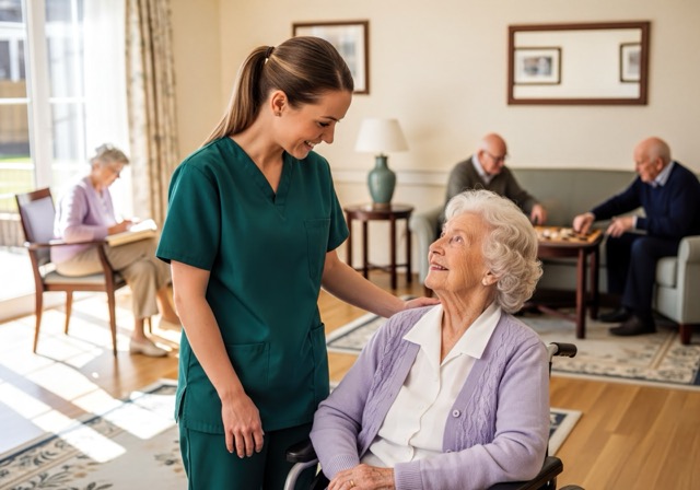 Professional caregiver in green scrubs attentively conversing with a happy senior woman in a wheelchair, depicting supportive and compassionate elder care in an assisted living facility.
