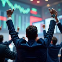 Group of brokers celebrate lucrative stock auction in busy trading room. Businessmen, businesswomen raise arms in joy excitement. Stock exchange screens display charts of financial success. Pro