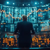investor standing in front of big screen stock market with up and down volatile