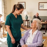 Professional caregiver in green scrubs attentively conversing with a happy senior woman in a wheelchair, depicting supportive and compassionate elder care in an assisted living facility.