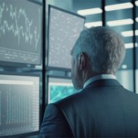 Crypto Trader, in profile looking at chart, stock exchange broker, wal street, digital currency market, bitcoin