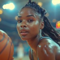 Portrait of a Young African Woman Basketball Athlete while playing basketball in a match.