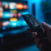 close-up view of a hand holding a television remote control with a blurred television screen in the background, displaying colorful images.