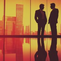 silhouette of two businessmen standing meeting business deal in front of window glass cage, city skyline skyscrapers businessmen businesswomen success opportunity red orange black sunset