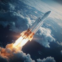 Heavy reusable rockets launching into space, featuring stage separation. The reusable rocket stages return to Earth, with the spaceship entering Earth's orbit. Falcon rocket in space, representing USA