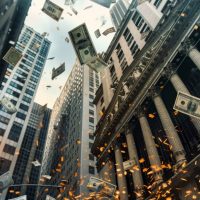A lively and festive cityscape near Wall Street NYSE with falling dollar bills, golden coins, and fireworks symbolizing prosperity and celebration.