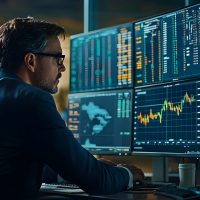 Business man trader big data analyst looking at computer monitor, stock broker analysing indexes, financial chart trading online on screen
